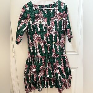 Cactus Print Dress with Pink Floral Accents
